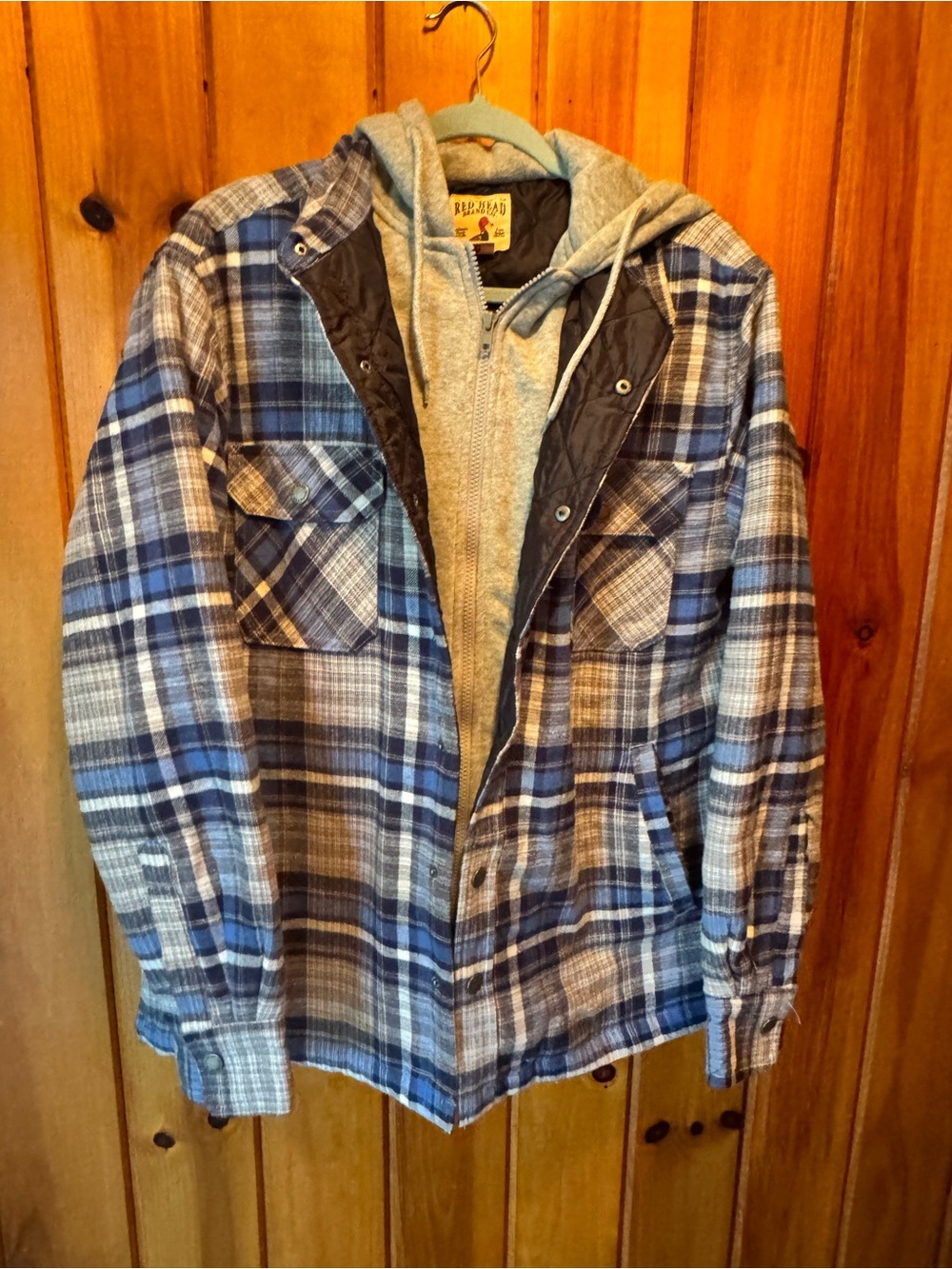 RedHead Blue and Gray Plaid Lightweight Hooded Shirt Jacket